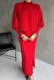 Women's Half High Collar Bat Sleeve Blouse and Slit Long Skirt Textured Top and Bottom Set Red - 5