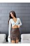 Women's V-Neck Front Drape Detailed Long Sleeve Super Crop Blouse White - 6