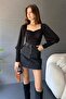 Women's Heart Collar Balloon Sleeve Draped Long Sleeve Blouse Black - 6