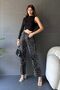 Women's Stand Collar Gather Detailed Flounce Front Single Sleeve Crop Blouse Black - 3