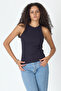 Ribbed Regular Fit Normal Fit Navy Blue Crew Neck Zero Sleeve Cotton Women's Tank Top
