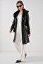 Women's Fur Collar Leather Coat 1048 - Black - 4