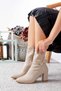 Women's Beige Winter Stretch Buckle Zipper Ankle Length Pointed Toe 7 cm Thick Heeled Boots 1749 - 2