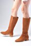 Briony Tan Color Suede Side Zipper, Thin Faux Fur Lining Blunt Toe Women's Heeled Boots - 4