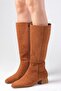 Briony Tan Color Suede Side Zipper, Thin Faux Fur Lining Blunt Toe Women's Heeled Boots - 3