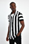 Men's Slim Fit Apaş Collar Striped Cotton Short Sleeve Shirt Black White - 4