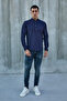 Dark Blue Judge Collar Half Pat Lycra Linen Texture Cotton Slim Fit Men's Shirt - 2