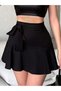 Women's Ruffled Black Shorts Skirt with Tie Detail - 3