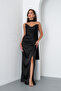 Women's Black Shawl Collar Satin Long Evening Dress - 2