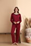 Burgundy Milan Soft Knitted Lycra Long Sleeve Women's Lace Pajama Set - 3