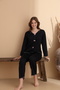 Black Milan Soft Knitted Stretch Fabric Long Sleeve Women's Pajama Set - 2