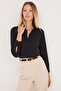 Women's Slim Fit Slim Fit Long Sleeve Cotton Body Fitting Textured Black Basic Shirt - 4