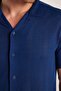 Men's Slim Fit Knitted Fabric Apache Collar Casual Short Sleeve Navy Blue Shirt - 2