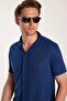 Men's Slim Fit Knitted Fabric Apache Collar Casual Short Sleeve Navy Blue Shirt - 3