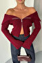 Double Zipper Burgundy Madonna Collar Knitwear Cardigan - 2