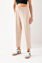 Women's Beige Balloon Pattern Striped High Waist Modal Soft Textured Lycra Trousers with Elastic Waist