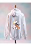 Cat Printed Cotton 3 Yarn Oversized White Sweatshirt