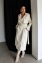 Ecru White Lined Belt and Button Detailed Premium Leather Trench Coat - 3