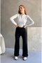 High Waist Bird Eye Detailed Corded Fabric Ribbed Knit Flared Pants - 4