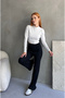 High Waist Bird Eye Detailed Corded Fabric Ribbed Knit Flared Pants - 3