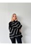 Women's Black Oversize Striped Half Turtleneck Knitwear Sweater - 5