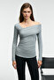 Velmea Women's Asymmetrical Collar Shoulder Detail Slim Fit Light Gray Blouse