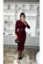 Long-sleeved, belted, slit, glitter fabric dress. - 5