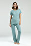 Women's Hakim Collar Pigment Printed Summer Regular Fit Green Pajama Set Pc8985-S-V1 - 2