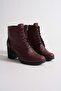 Women's Genuine Leather Laser Detailed Lace-Up Boots - Claret Red - 4