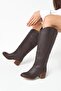 Brown Genuine Leather Look Block Heeled Women's Long Zipperless Boots - 8