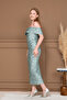 Sequin Boat Neck Pencil Long Dress - Mint Green - 7