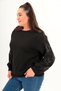 Women's Plus Size Black Crew Neck Sweatshirt with Star Detail on the Sleeves and Stone and Pearl Detail 65N39144 - 3