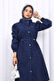 Navy Blue Trench Coat with Snap Buttons and Elastic Waist - 3