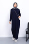 Navy Blue Stand Collar Ribbed Knit Dress - 2
