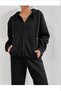 Unisex Black 2-Thread Knitted Fabric Sweatpants with Elastic Waist and Legs, Hooded Zippered Cardigan Set - 4