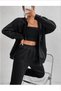 Unisex Black 2-Thread Knitted Fabric Sweatpants with Elastic Waist and Legs, Hooded Zippered Cardigan Set
