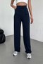 Women's Navy Blue Buttoned Pleated High Waist Lycra Crepe Fabric Loose Fit Palazzo Pants - 8