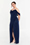Women's Plus Size Low Sleeve Long Evening Dress 6149 Navy Blue - 2