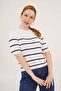 Short Midi Striped Short Sleeve White Navy Blue Blouse S-M Size Matching