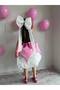 Pink Satin Skirt White Rose Motif Special Design Girls' Formal Birthday Dress + Gloves + Hair Clip - 4