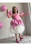 Pink Satin Skirt White Rose Motif Special Design Girls' Formal Birthday Dress + Gloves + Hair Clip - 9