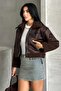 Women's Plush Detailed Crop Biker Faux Leather Coat - 4