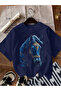 Special Design Midnight Blue Horse Printed Women's 100% Cotton Navy Blue T-Shirt