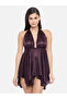 Solid Halter Neck Asymmetric Hem Satin Babydoll - 3