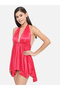 Solid Halter Neck Asymmetric Hem Satin Babydoll - 5