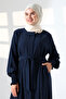 Women's Linen Hajj and Umrah Clothing Belted Hijab Two-Piece Set - Navy Blue - 5