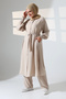 Women's Linen Hajj and Umrah Clothing Belted Hijab Two-Piece Set - Cream - 3