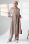 Women's Linen Hajj and Umrah Clothing Belted Hijab Two-Piece Set - Mink - 4
