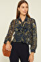 Women's Navy Blue Chiffon Blouse Shirt – Patterned Model with Scarf Detail - 3