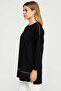 Women's Plus Size Black Sweatshirt with Crew Neck, Shoulder and Front Piping Details, Side Slits 65N39148 - 3